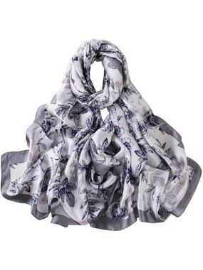 Women's Blue Lightweight Silk Like Scarves Flower Print Head Cotton Wrap Scarf